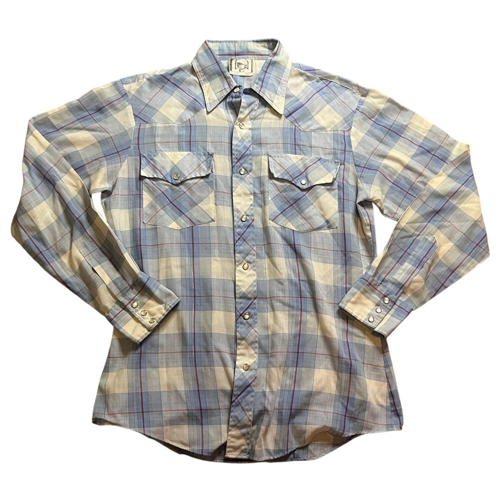 Vintage Gremlin Western Pearl Snap Shirt Plaid Blue White Mens Medium Cowboy 70s